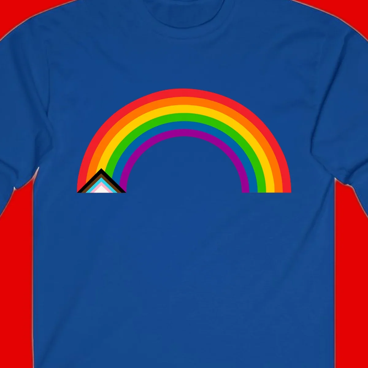 Vibrant rainbow pride arc with concentric color bands and geometric base shapes on gray background
