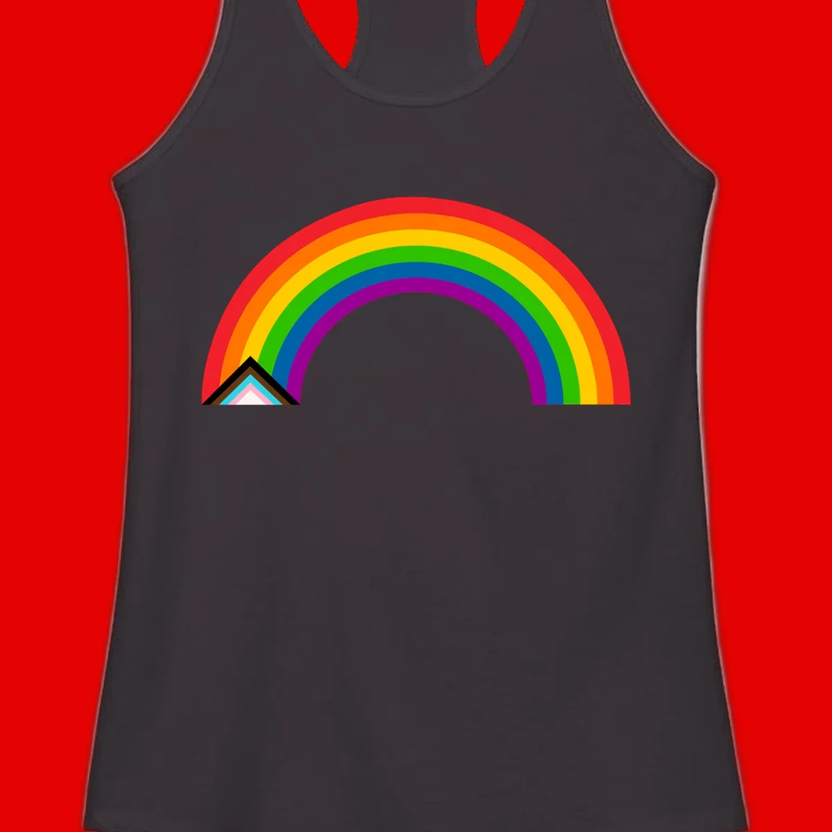 Vibrant rainbow pride arc with concentric color bands and geometric base shapes on gray background