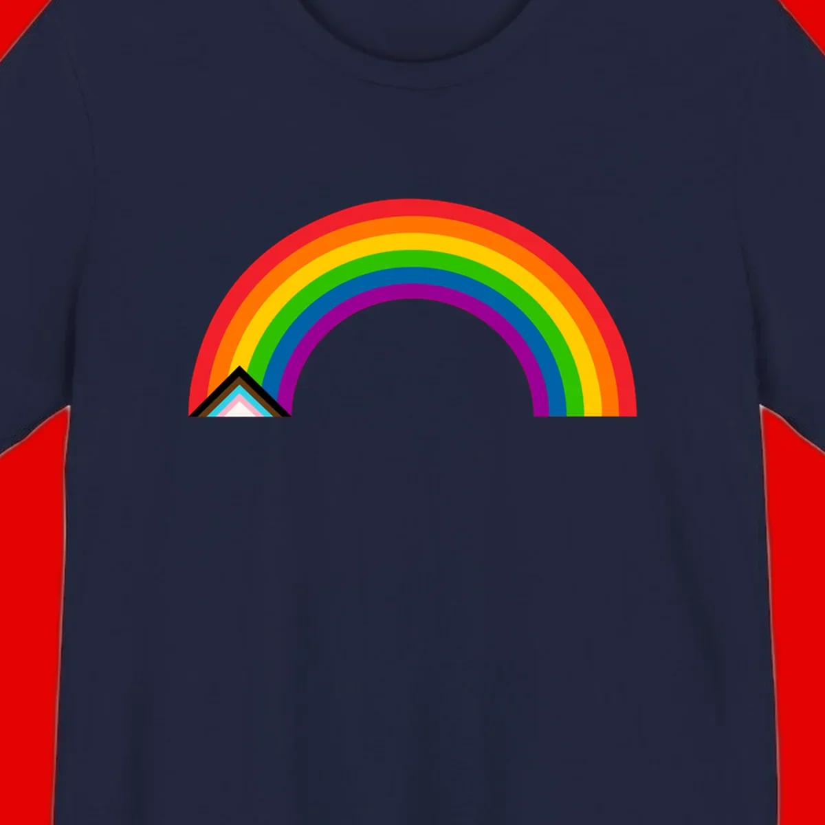 Vibrant rainbow pride arc with concentric color bands and geometric base shapes on gray background