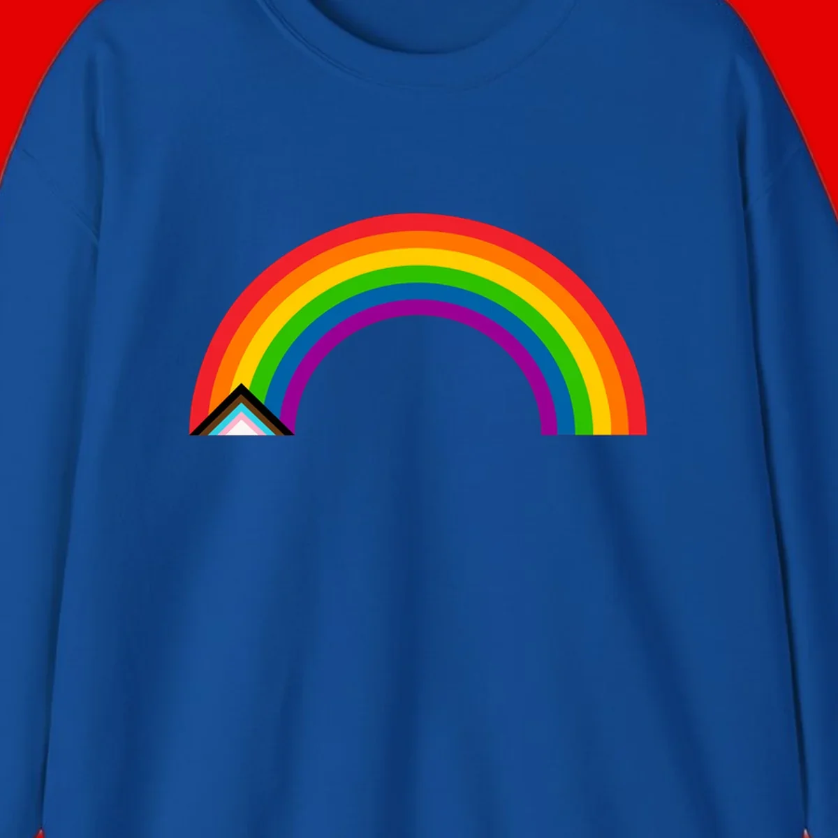 Vibrant rainbow pride arc with concentric color bands and geometric base shapes on gray background
