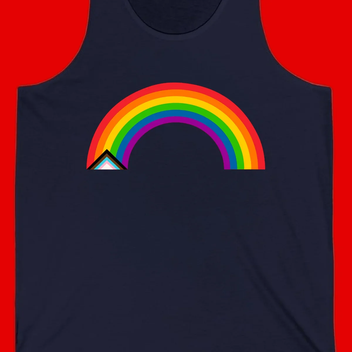 Vibrant rainbow pride arc with concentric color bands and geometric base shapes on gray background