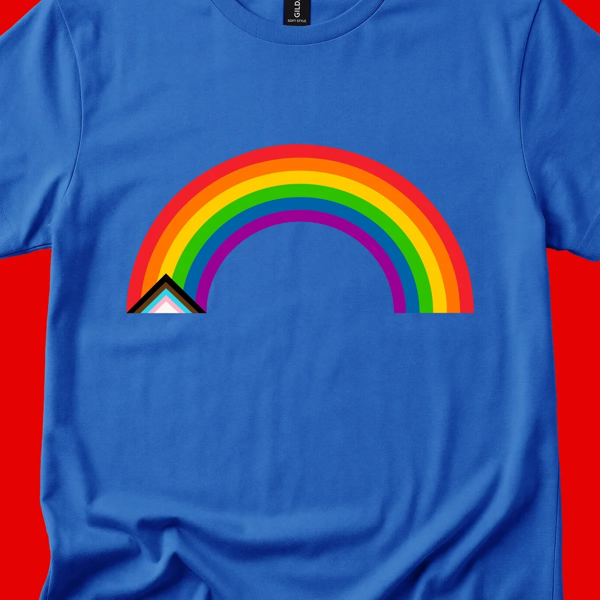 Vibrant rainbow pride arc with concentric color bands and geometric base shapes on gray background