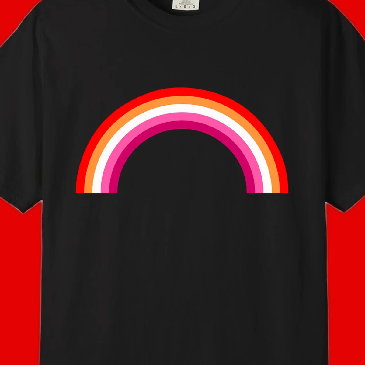 Colorful rainbow pride arc with concentric bands in red, orange, white, pink, and magenta against gray background