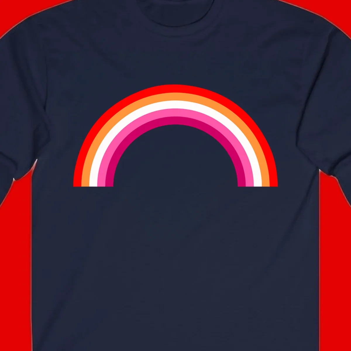 Colorful rainbow pride arc with concentric bands in red, orange, white, pink, and magenta against gray background