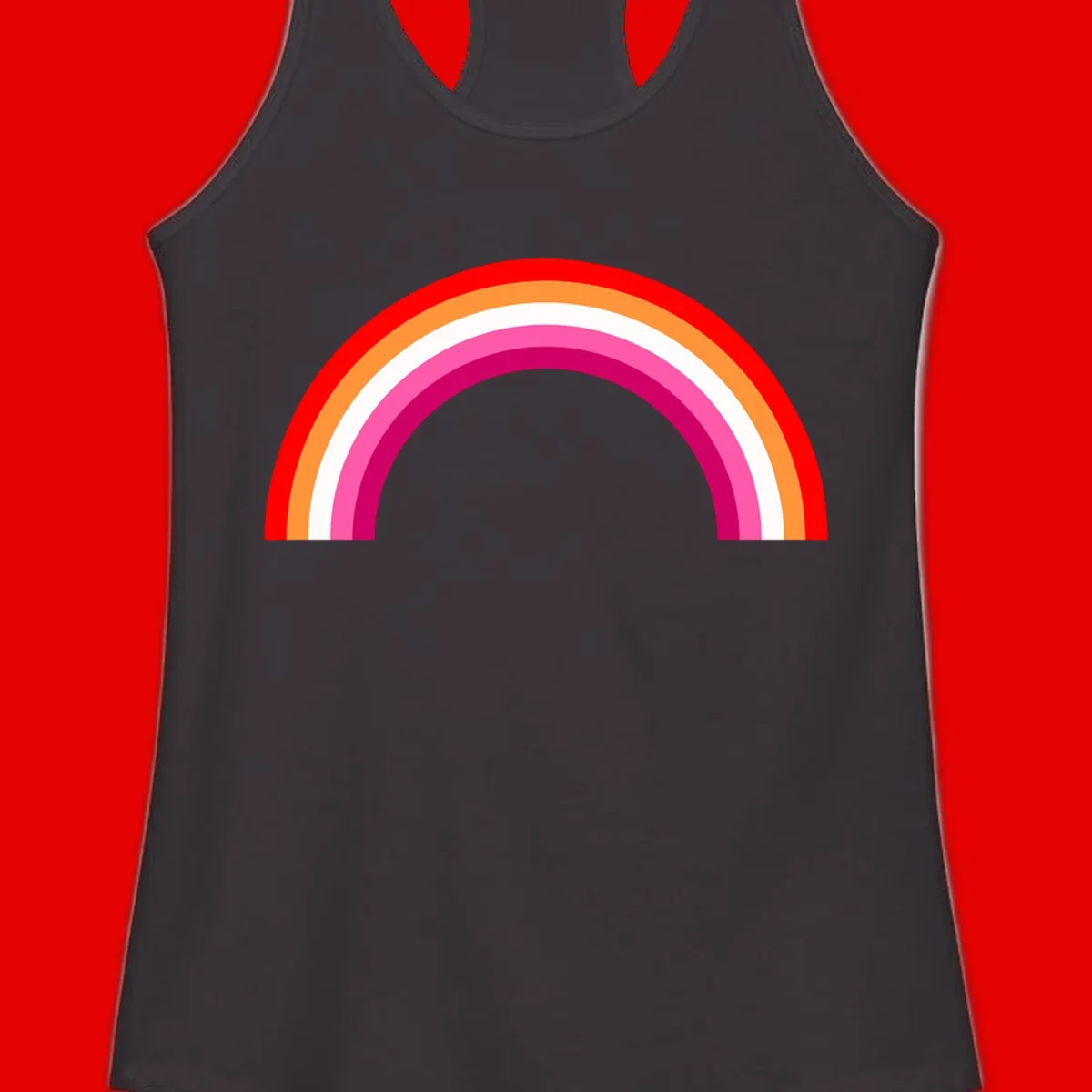 Colorful rainbow pride arc with concentric bands in red, orange, white, pink, and magenta against gray background
