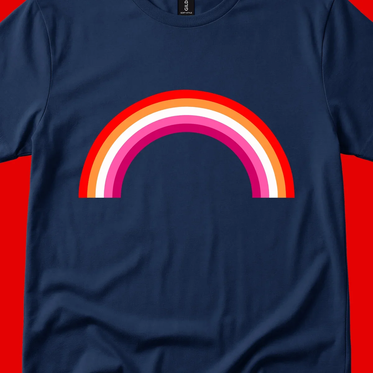Colorful rainbow pride arc with concentric bands in red, orange, white, pink, and magenta against gray background