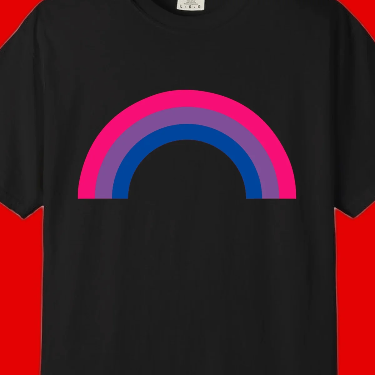 Concentric rainbow pride design featuring four nested semicircular arcs in hot pink, purple, dark blue, and gray.
