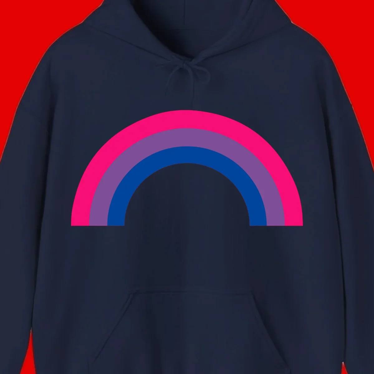 Concentric rainbow pride design featuring four nested semicircular arcs in hot pink, purple, dark blue, and gray.