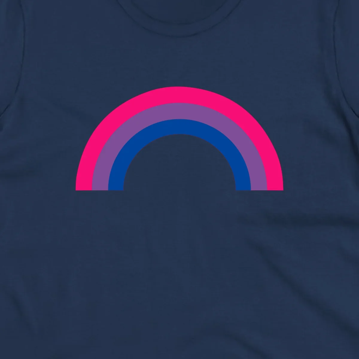 Concentric rainbow pride design featuring four nested semicircular arcs in hot pink, purple, dark blue, and gray.