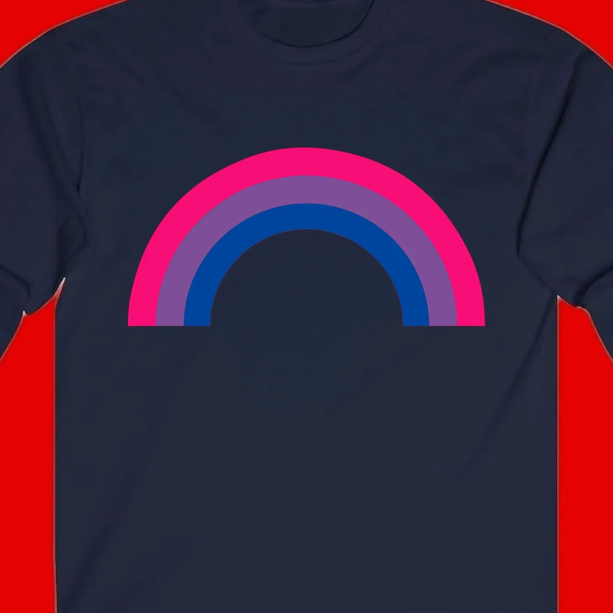 Concentric rainbow pride design featuring four nested semicircular arcs in hot pink, purple, dark blue, and gray.