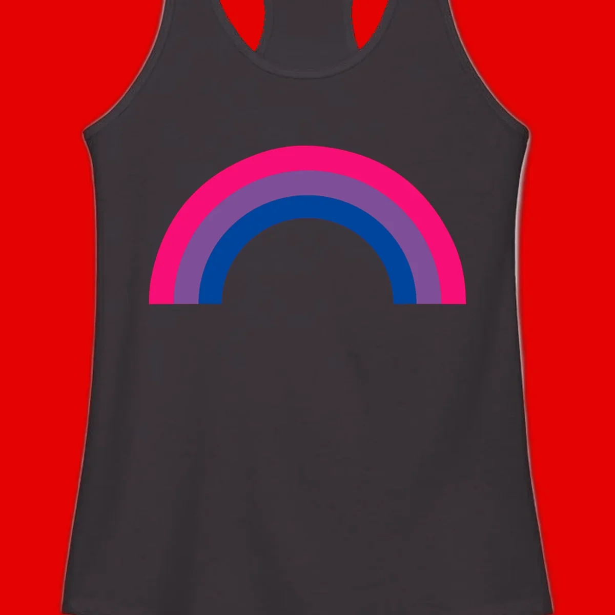Concentric rainbow pride design featuring four nested semicircular arcs in hot pink, purple, dark blue, and gray.