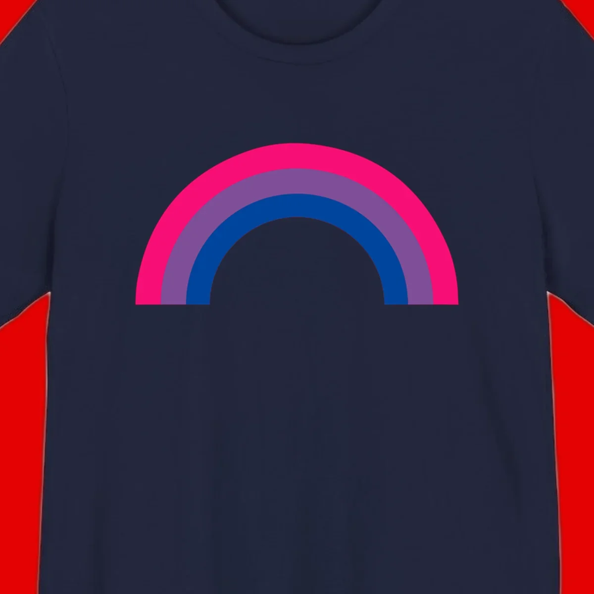 Concentric rainbow pride design featuring four nested semicircular arcs in hot pink, purple, dark blue, and gray.