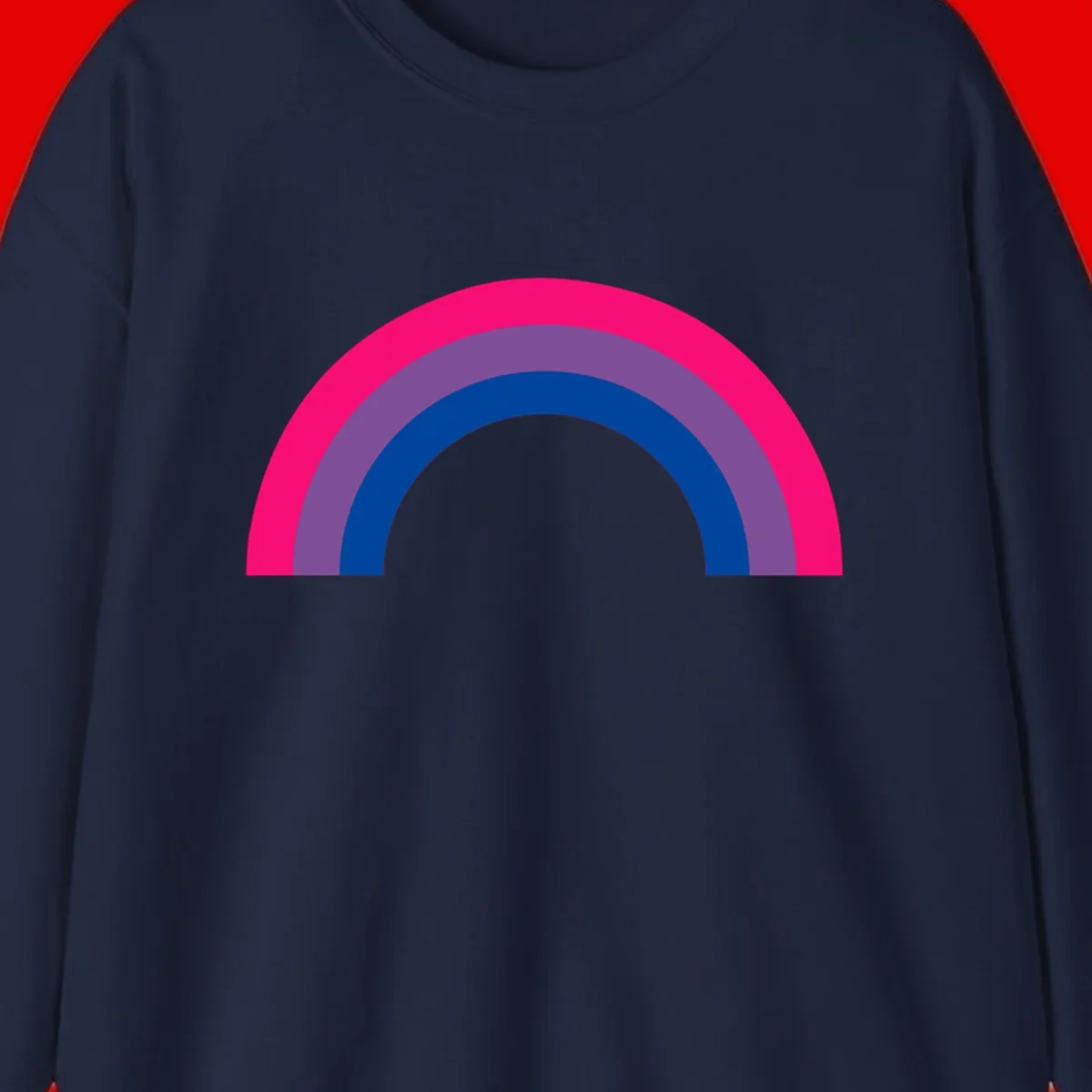 Concentric rainbow pride design featuring four nested semicircular arcs in hot pink, purple, dark blue, and gray.
