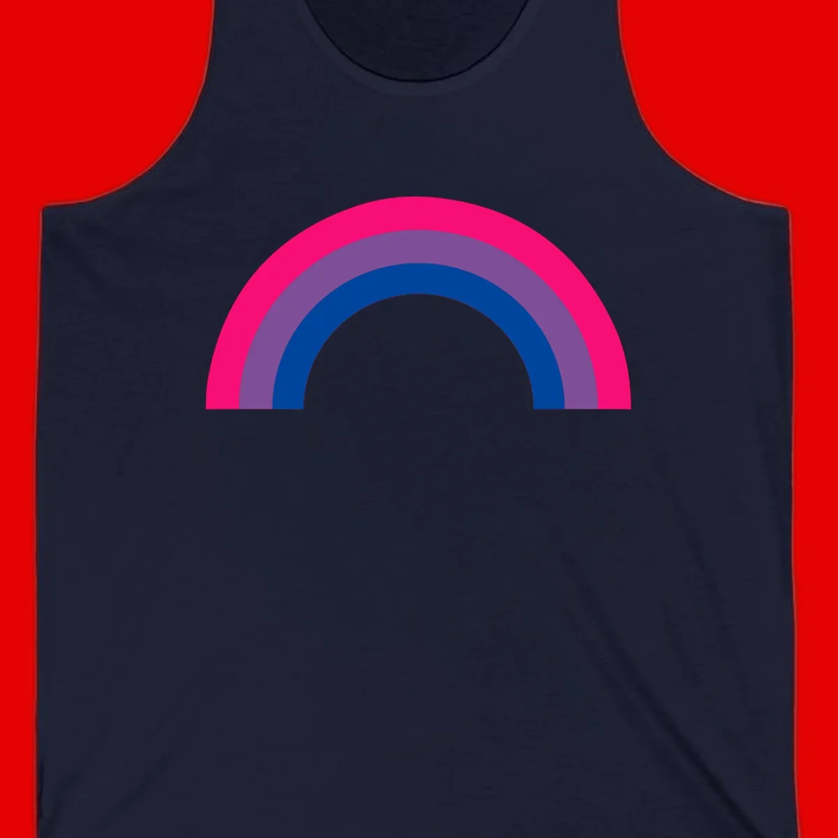 Concentric rainbow pride design featuring four nested semicircular arcs in hot pink, purple, dark blue, and gray.