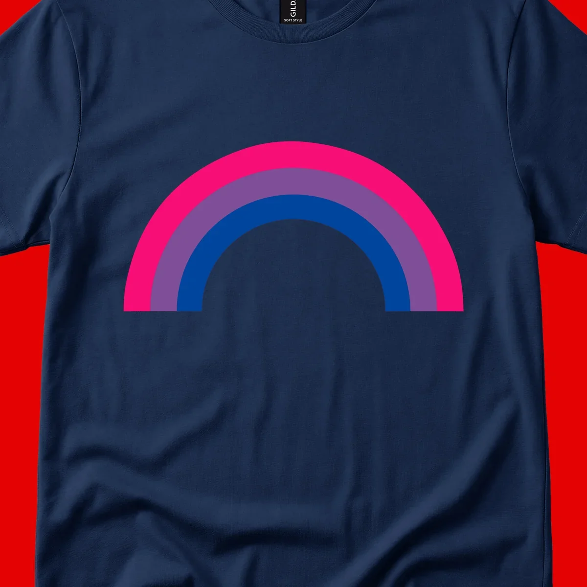Concentric rainbow pride design featuring four nested semicircular arcs in hot pink, purple, dark blue, and gray.
