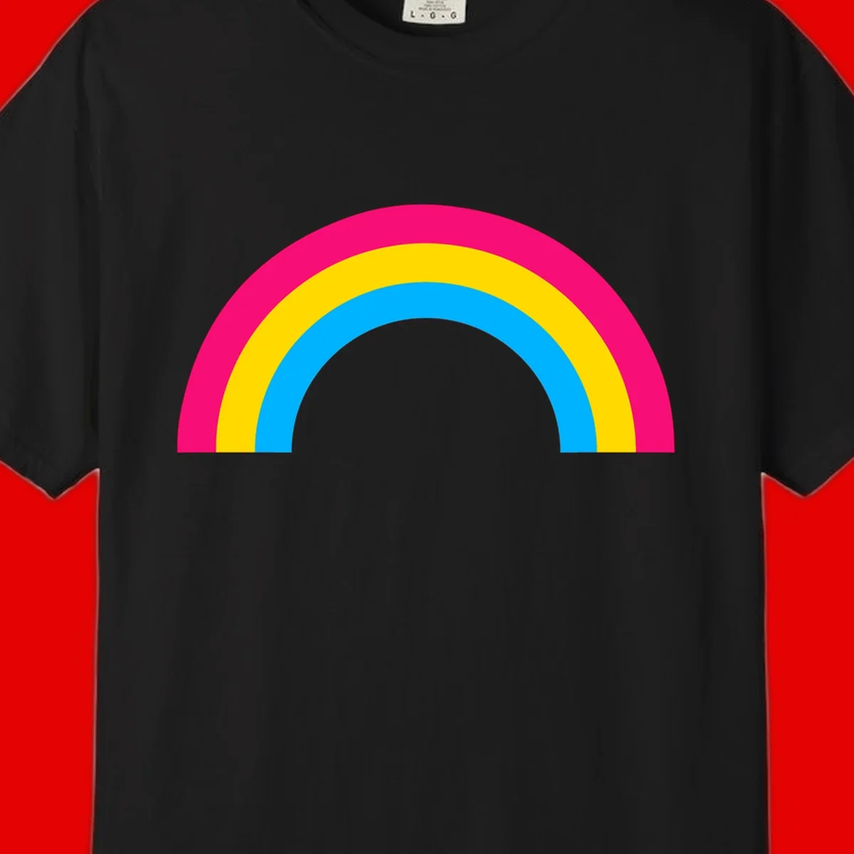 Concentric rainbow stripes in magenta, yellow, and cyan forming a classic arc design on gray background