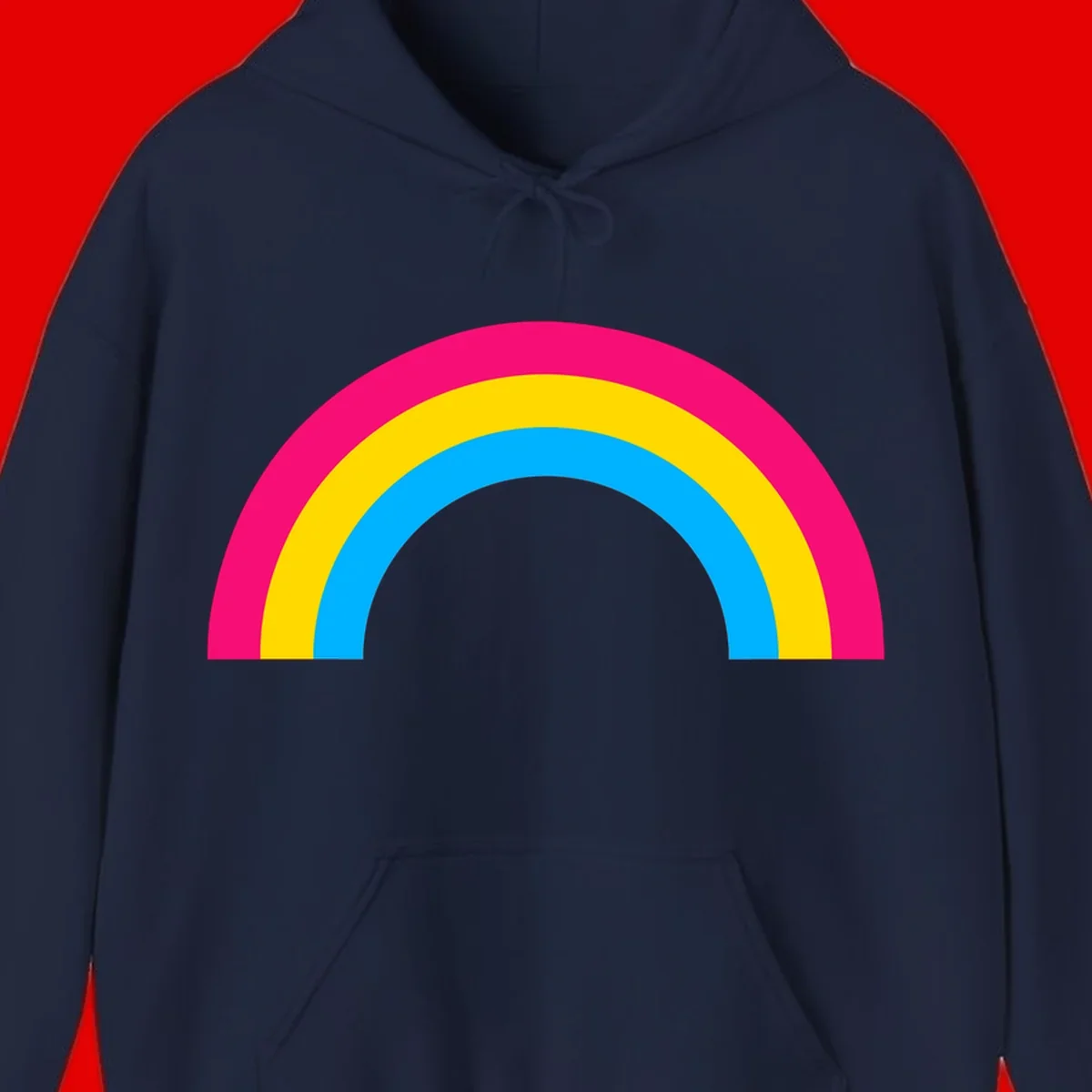 Concentric rainbow stripes in magenta, yellow, and cyan forming a classic arc design on gray background