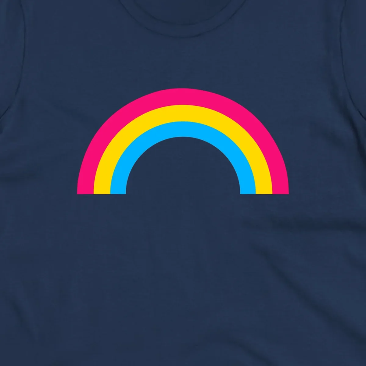 Concentric rainbow stripes in magenta, yellow, and cyan forming a classic arc design on gray background