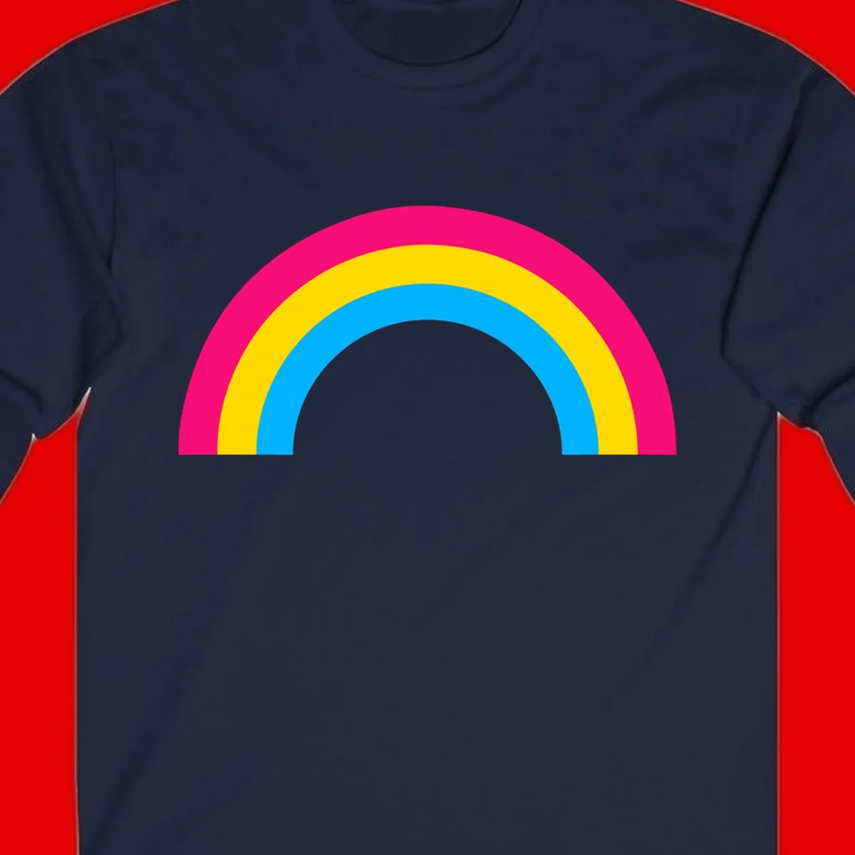 Concentric rainbow stripes in magenta, yellow, and cyan forming a classic arc design on gray background
