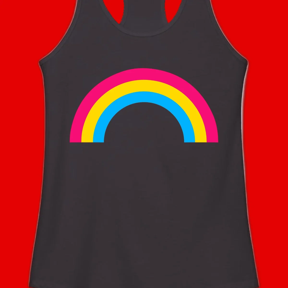 Concentric rainbow stripes in magenta, yellow, and cyan forming a classic arc design on gray background