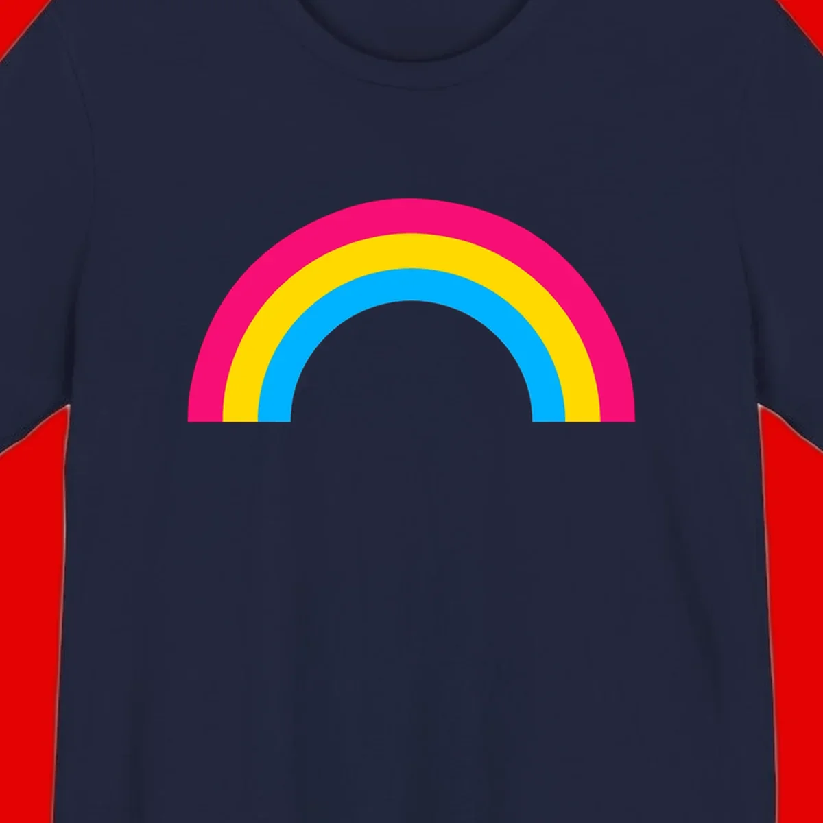 Concentric rainbow stripes in magenta, yellow, and cyan forming a classic arc design on gray background