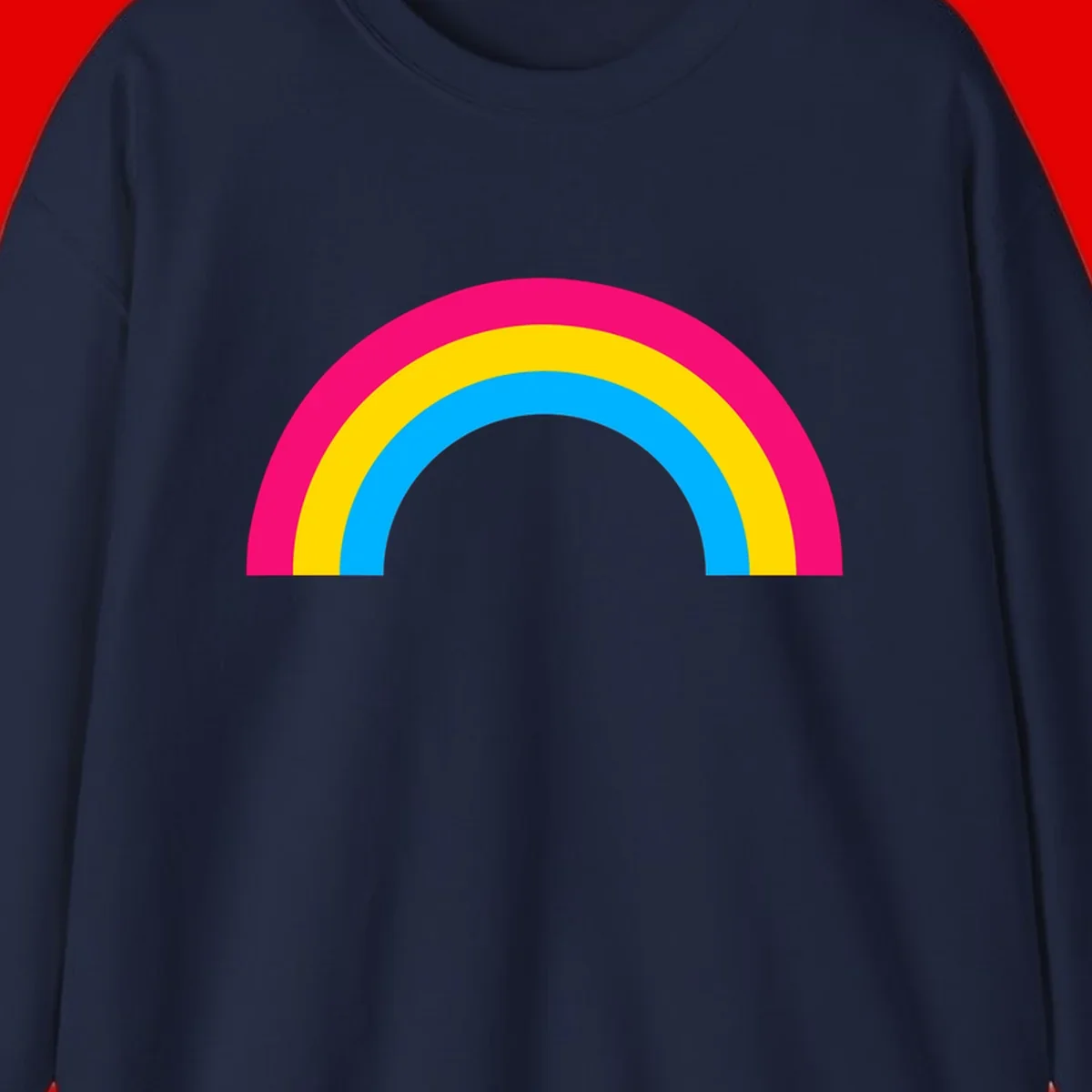 Concentric rainbow stripes in magenta, yellow, and cyan forming a classic arc design on gray background