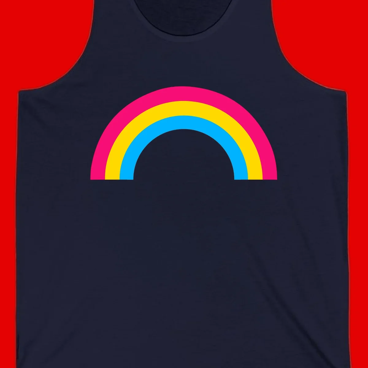 Concentric rainbow stripes in magenta, yellow, and cyan forming a classic arc design on gray background