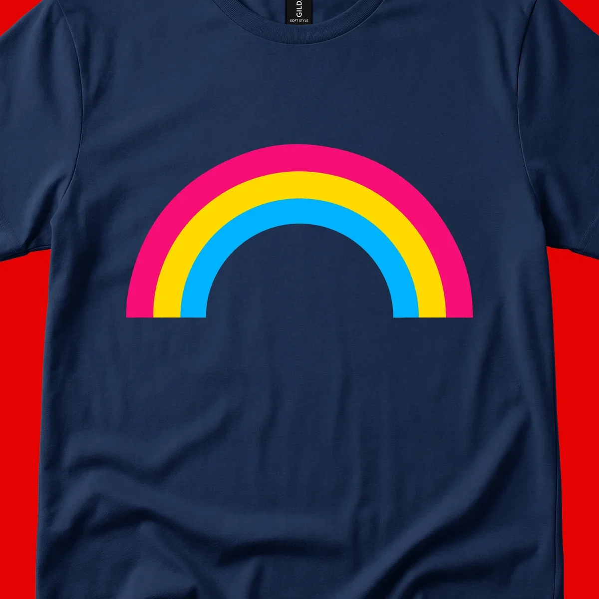 Concentric rainbow stripes in magenta, yellow, and cyan forming a classic arc design on gray background