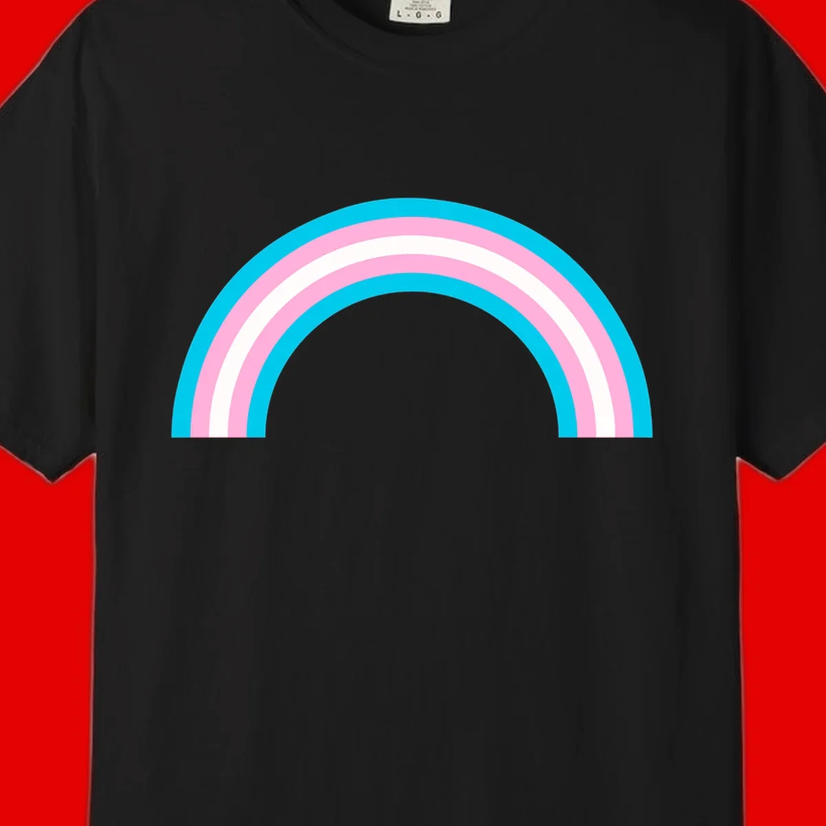 Pastel rainbow arch with five concentric curved bands in cyan, pink, and white on gray background
