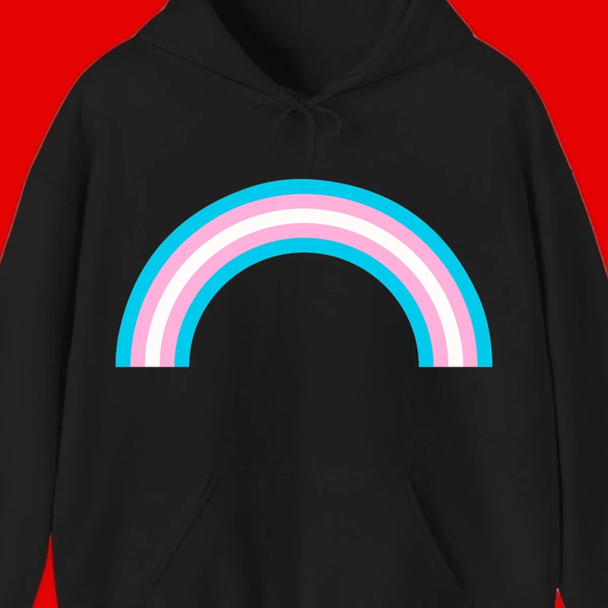 Pastel rainbow arch with five concentric curved bands in cyan, pink, and white on gray background