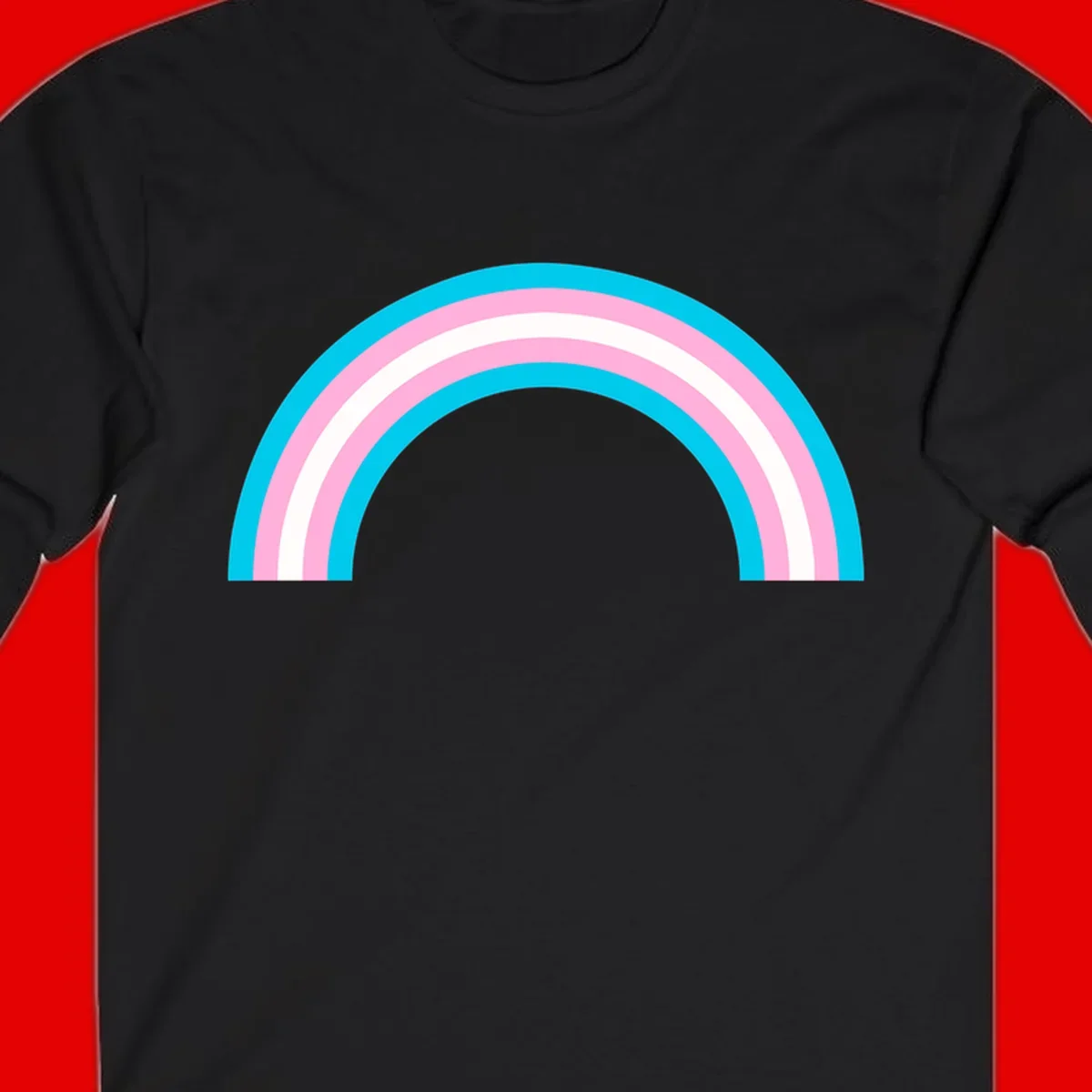 Pastel rainbow arch with five concentric curved bands in cyan, pink, and white on gray background