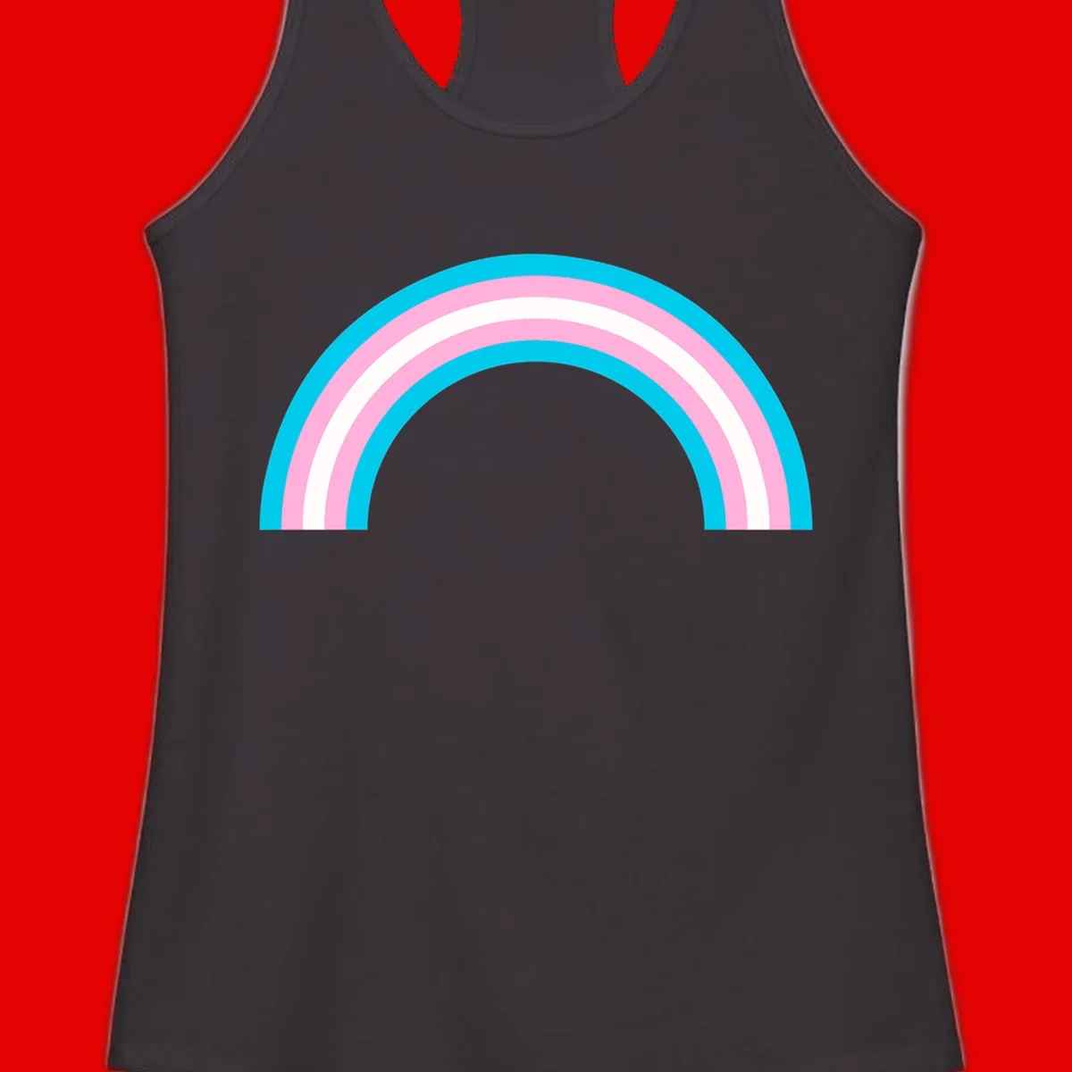 Pastel rainbow arch with five concentric curved bands in cyan, pink, and white on gray background