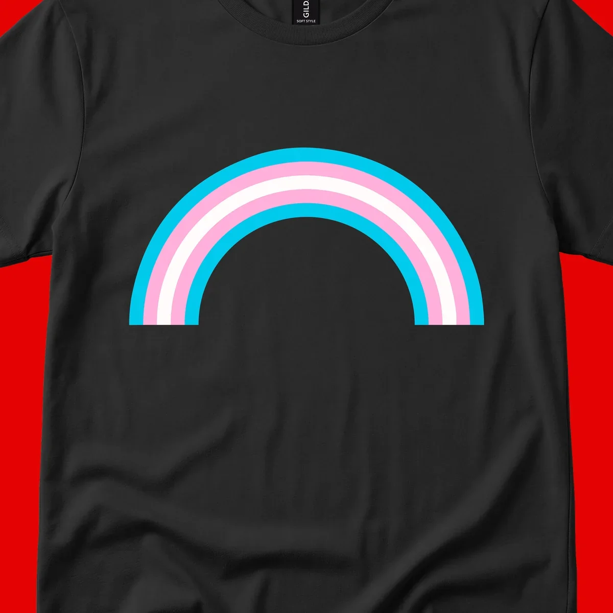 Pastel rainbow arch with five concentric curved bands in cyan, pink, and white on gray background