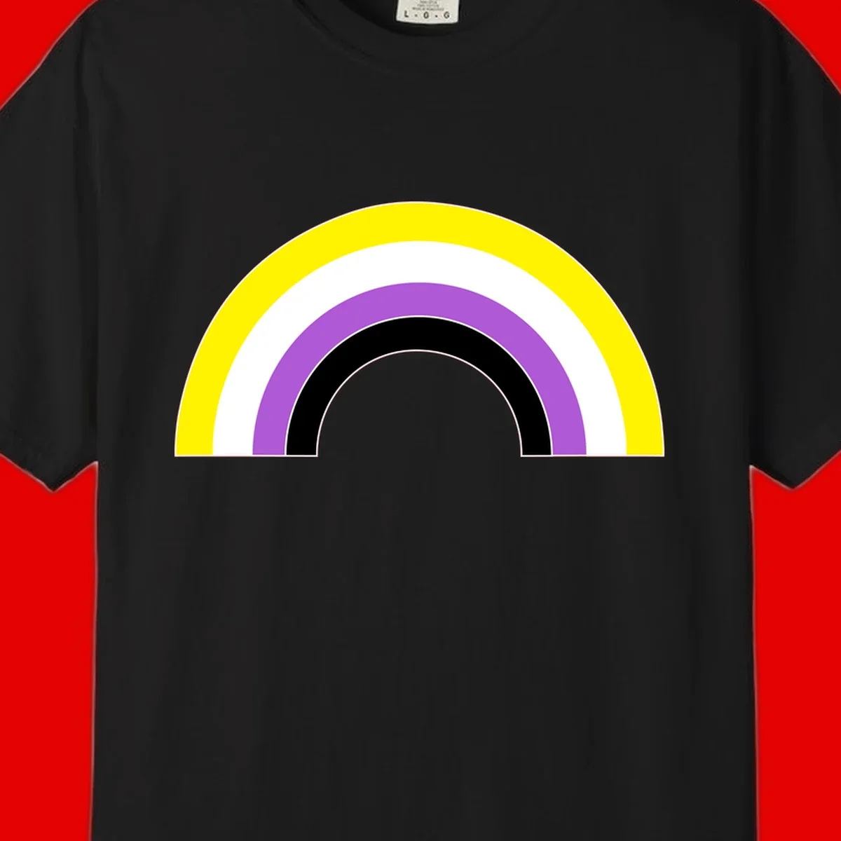 Concentric pride rainbow arcs in yellow, white, purple, and black nested semicircles on gray background