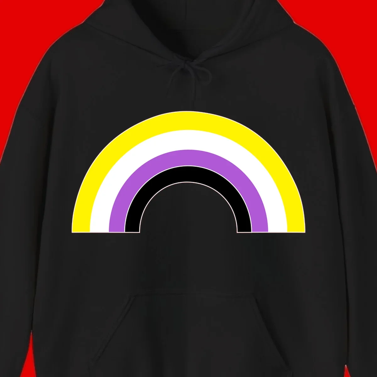 Concentric pride rainbow arcs in yellow, white, purple, and black nested semicircles on gray background