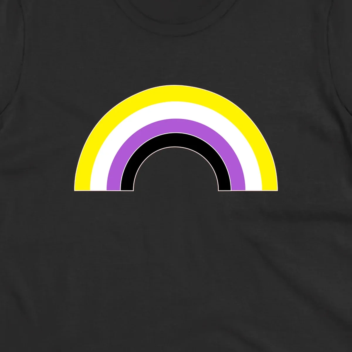 Concentric pride rainbow arcs in yellow, white, purple, and black nested semicircles on gray background