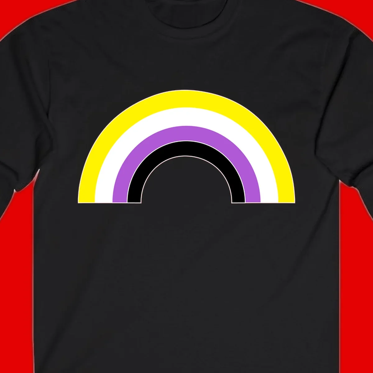 Concentric pride rainbow arcs in yellow, white, purple, and black nested semicircles on gray background