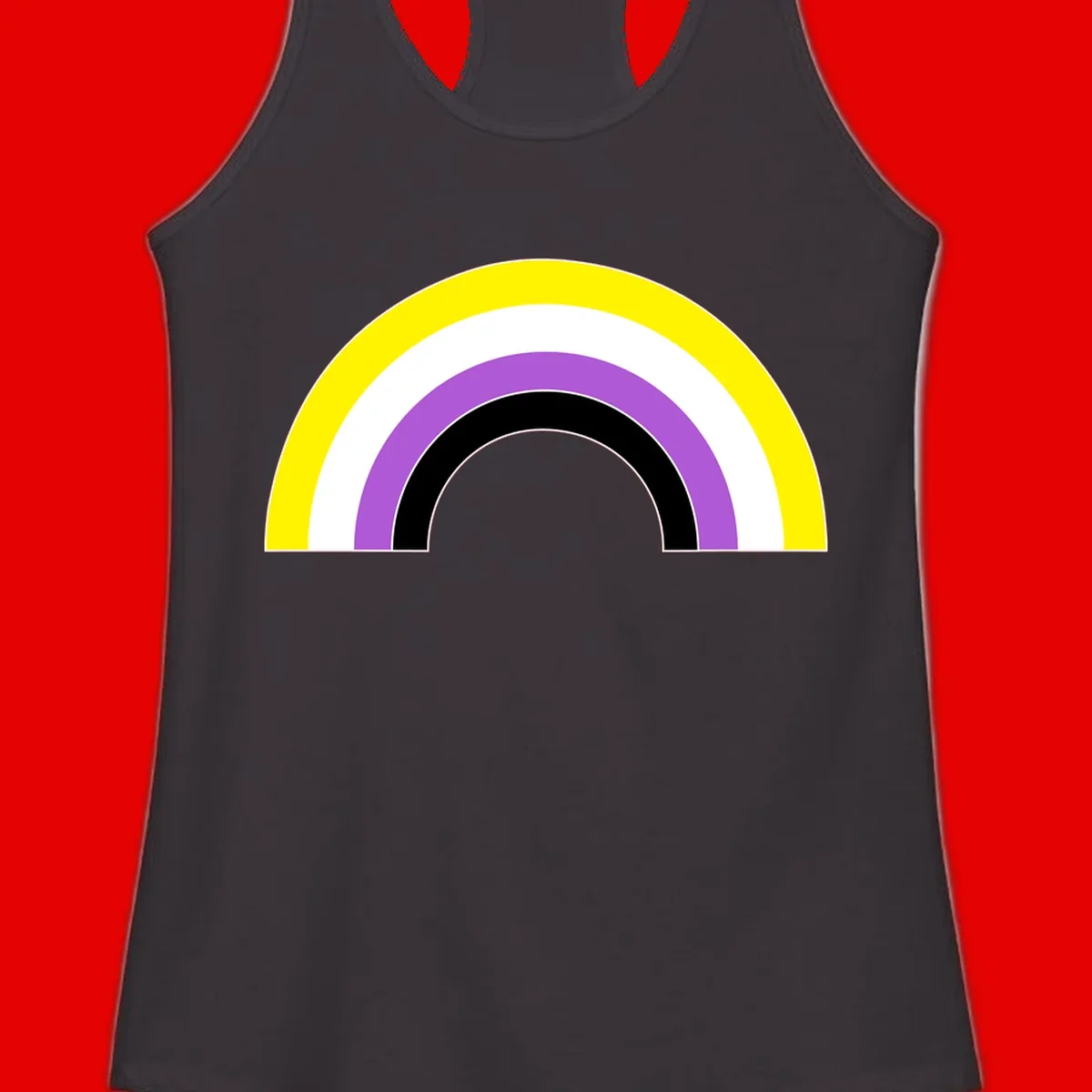 Concentric pride rainbow arcs in yellow, white, purple, and black nested semicircles on gray background