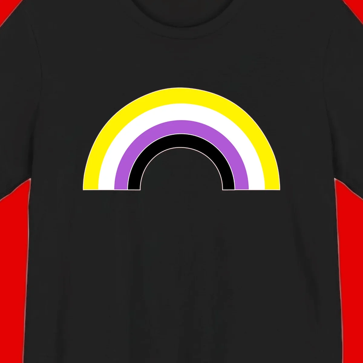 Concentric pride rainbow arcs in yellow, white, purple, and black nested semicircles on gray background