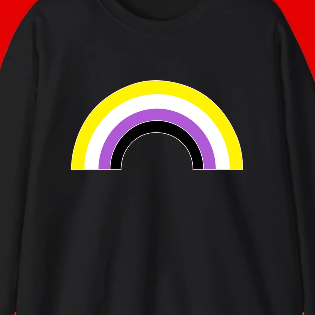 Concentric pride rainbow arcs in yellow, white, purple, and black nested semicircles on gray background