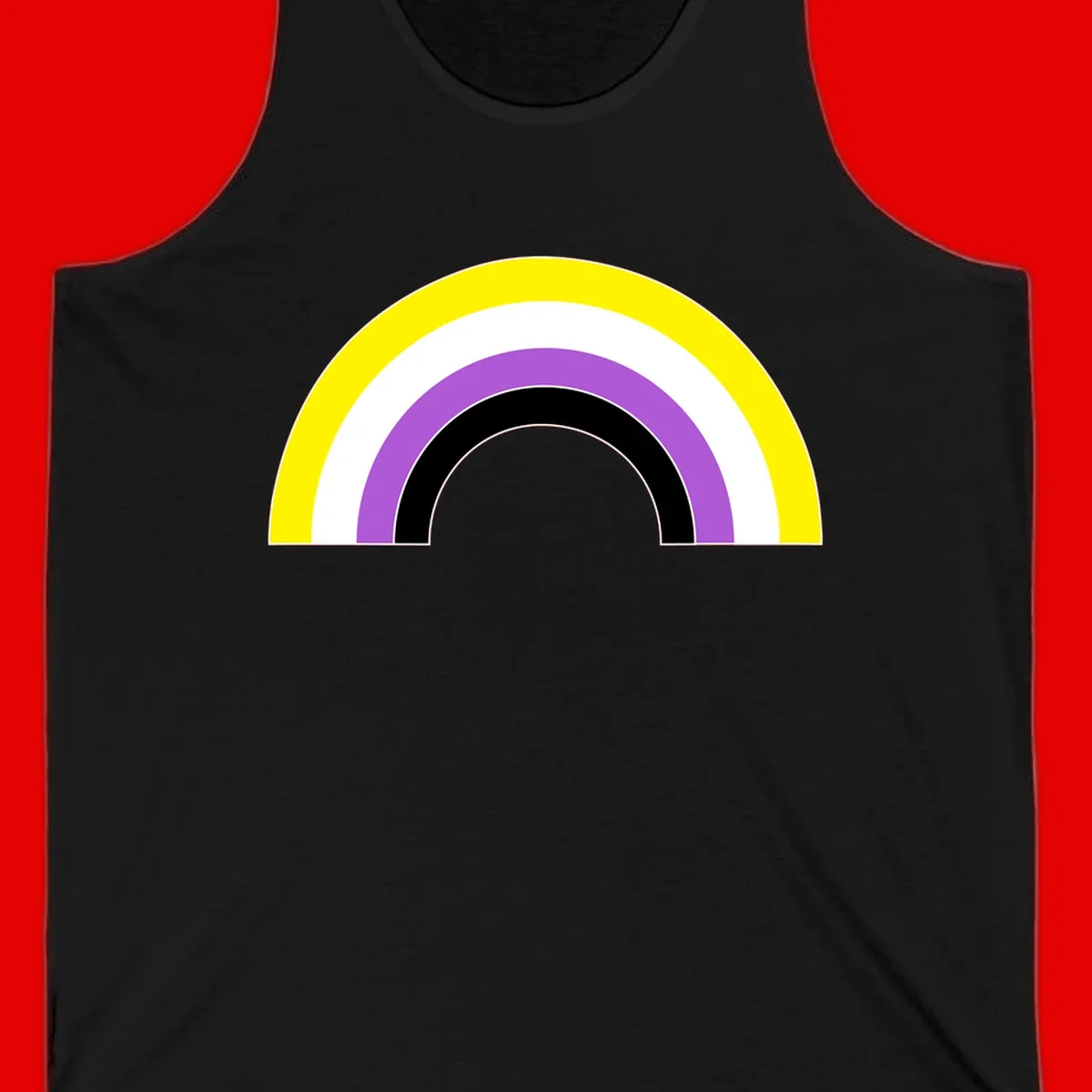 Concentric pride rainbow arcs in yellow, white, purple, and black nested semicircles on gray background