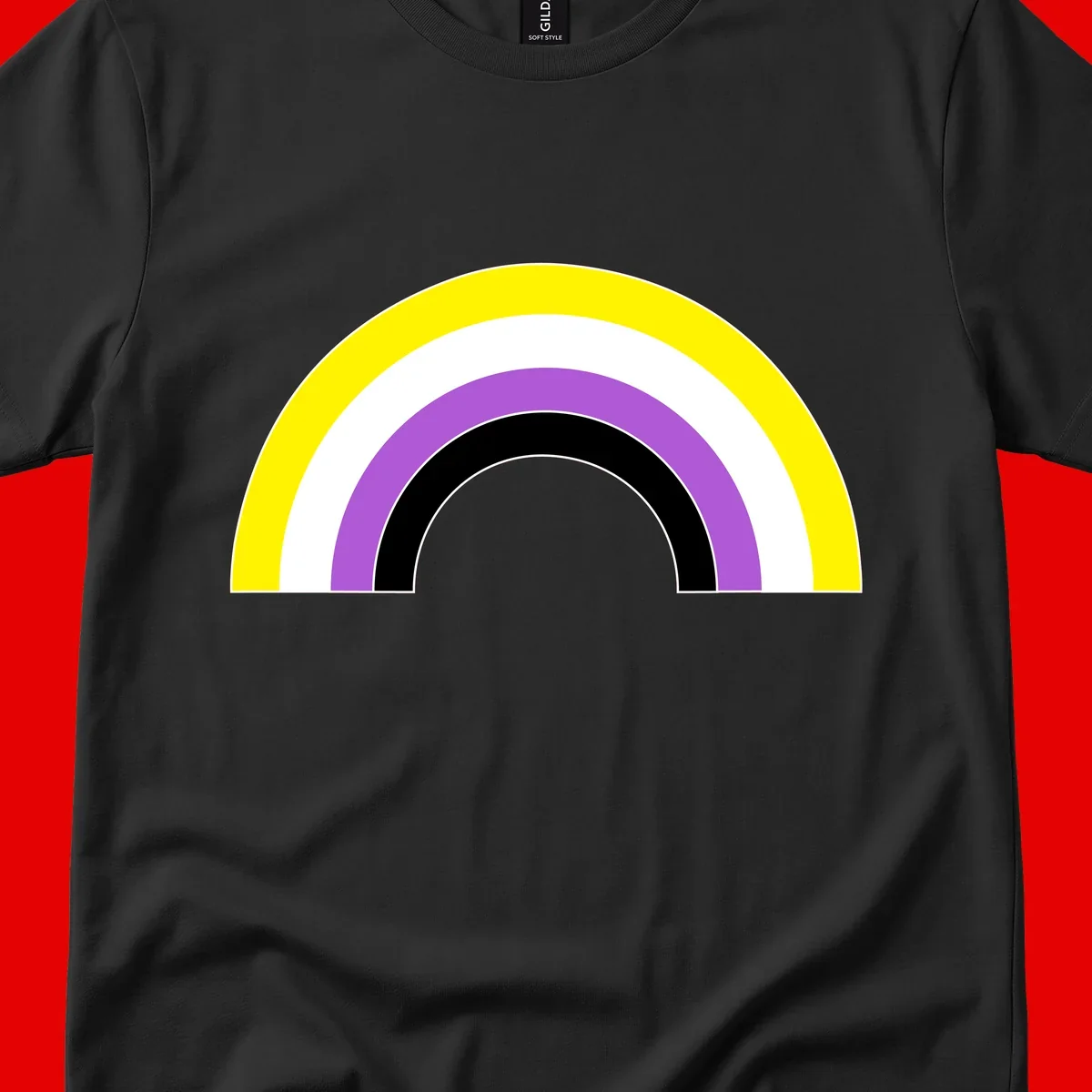 Concentric pride rainbow arcs in yellow, white, purple, and black nested semicircles on gray background