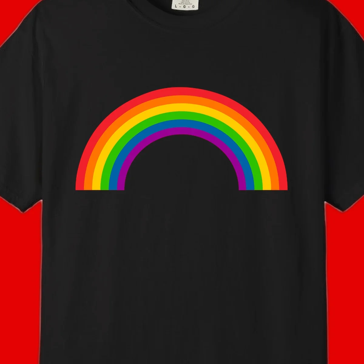 Rainbow pride arc with seven concentric colored stripes in red, orange, yellow, green, blue, purple, and magenta forming a semicircle against gray background