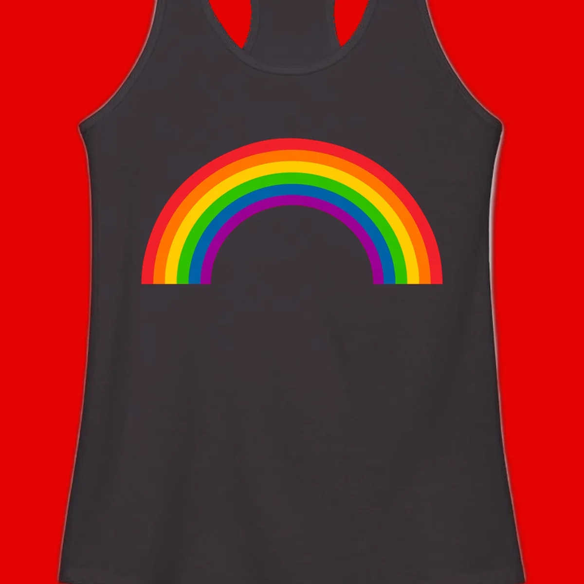 Rainbow pride arc with seven concentric colored stripes in red, orange, yellow, green, blue, purple, and magenta forming a semicircle against gray background