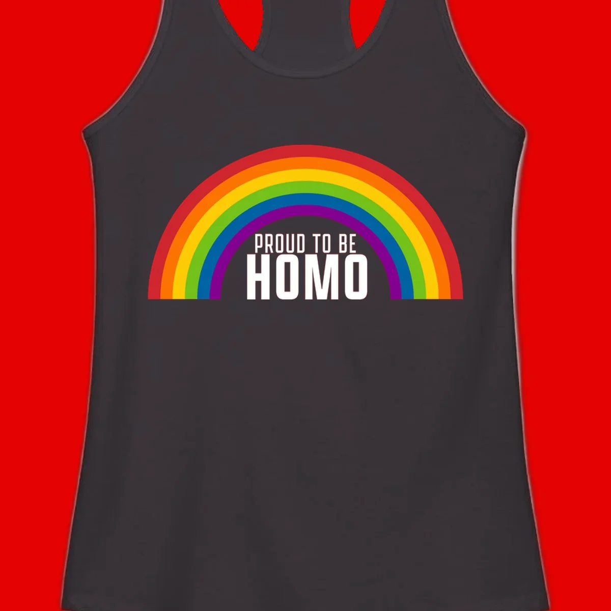 Proud to be homo design: rainbow arc in pride colors frames white text on gray background
