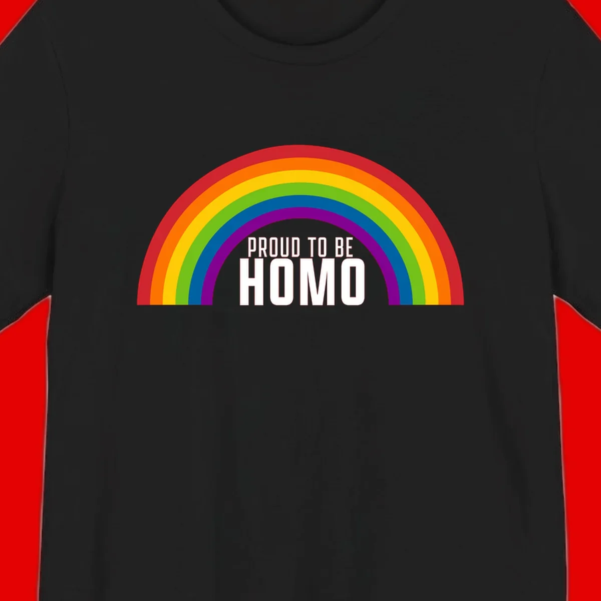 Proud to be homo design: rainbow arc in pride colors frames white text on gray background