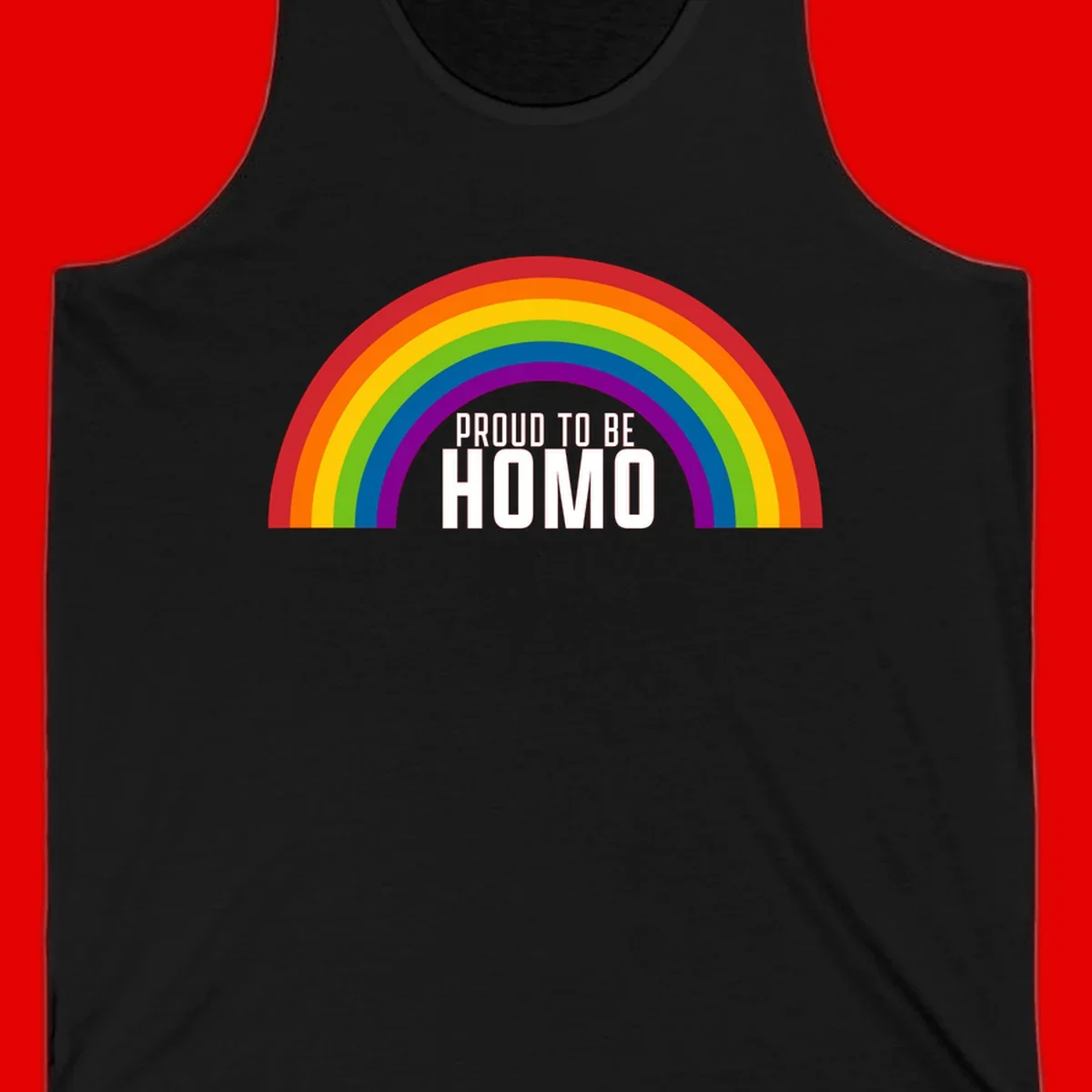 Proud to be homo design: rainbow arc in pride colors frames white text on gray background