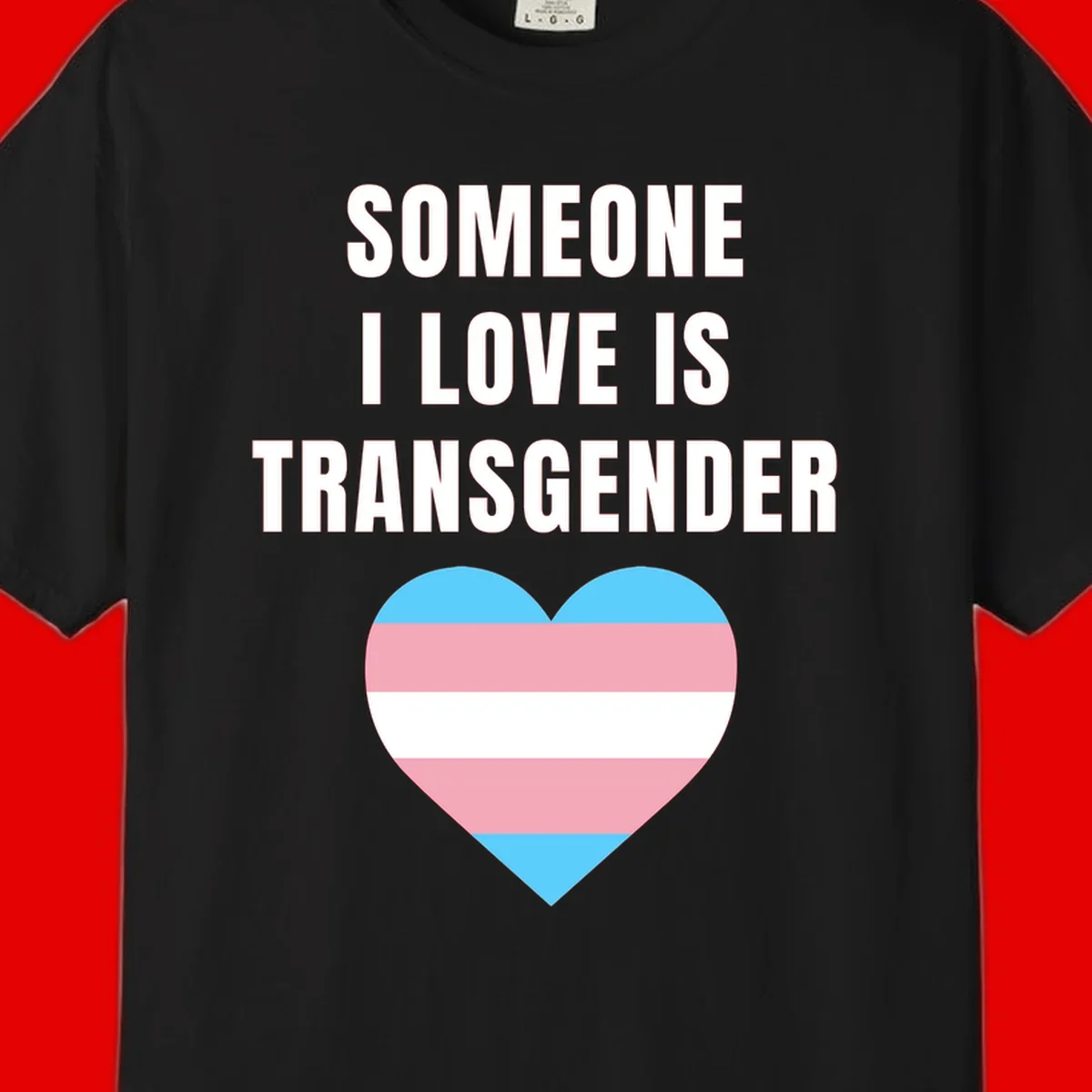 Gray background with white text reading 'Someone I Love Is Transgender' above a heart featuring blue, pink, and white transgender flag stripes
