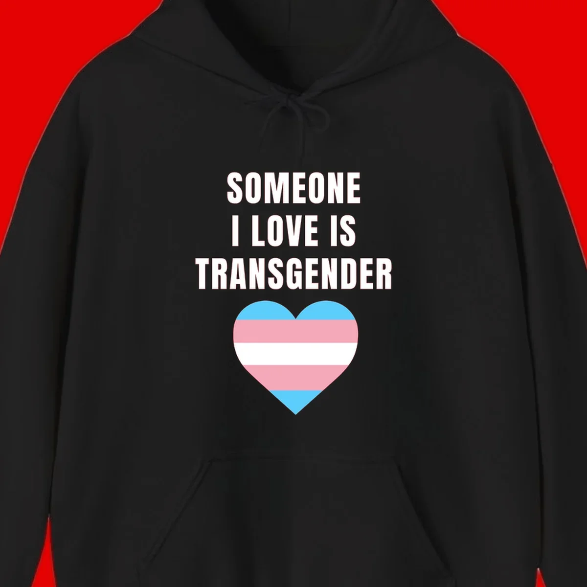 Gray background with white text reading 'Someone I Love Is Transgender' above a heart featuring blue, pink, and white transgender flag stripes
