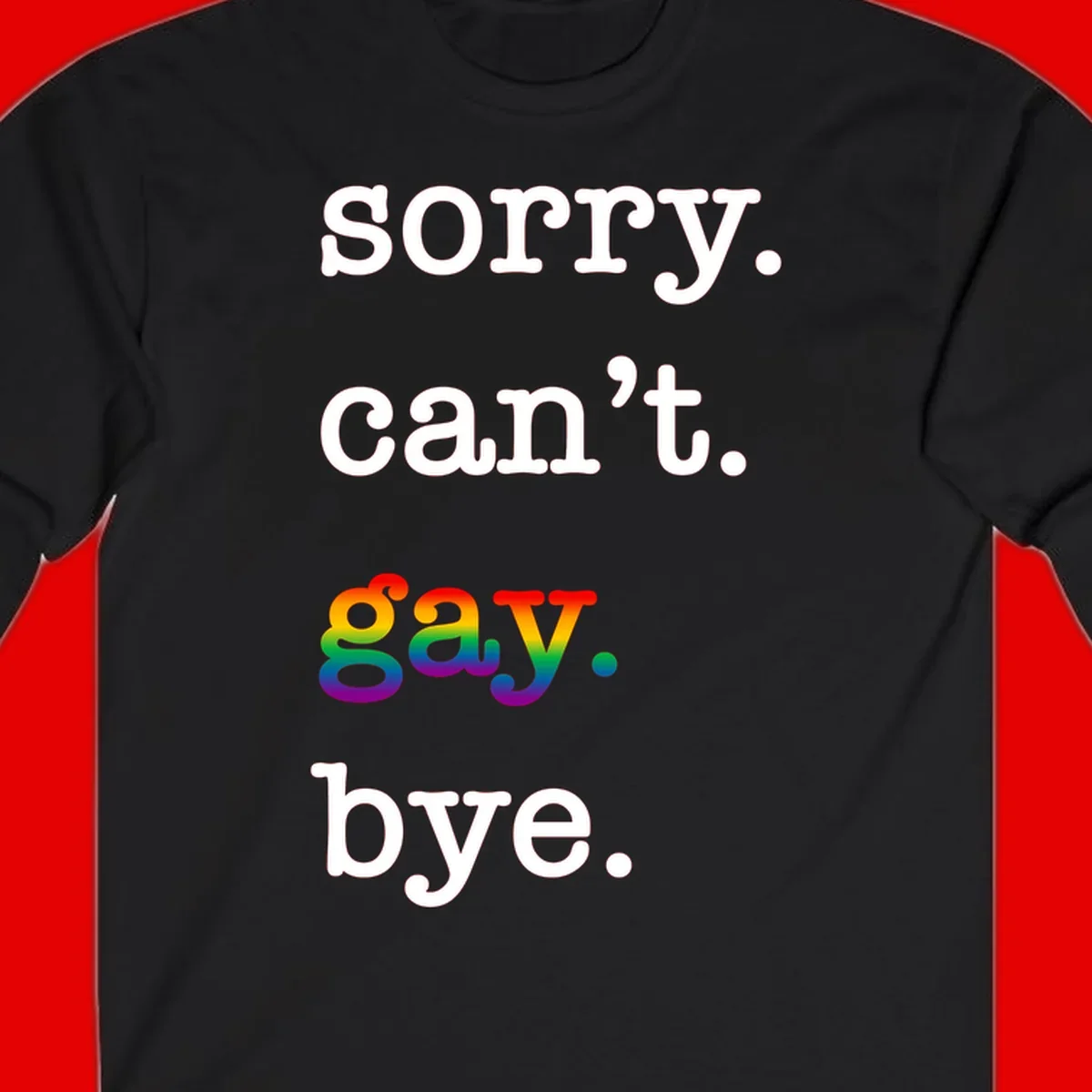 Gray background with white text reading 'Sorry can't say' and 'bye' with the word 'gay' in vibrant rainbow gradient colors, a playful pride celebration design.